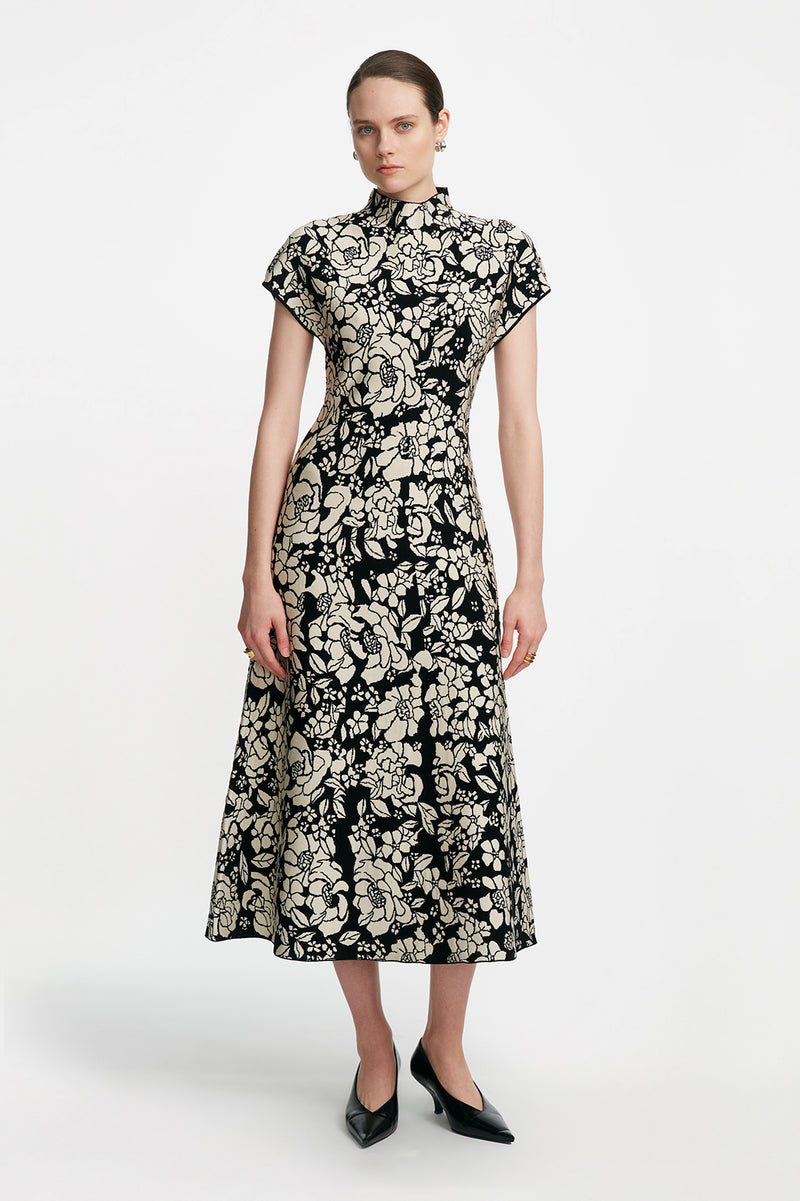 Floral Jacquard Knit Mock Neck Dress