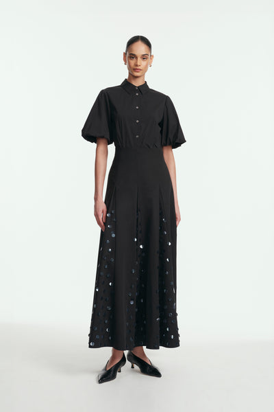 Paillette Embroidered Cotton Poplin Godet Skirt