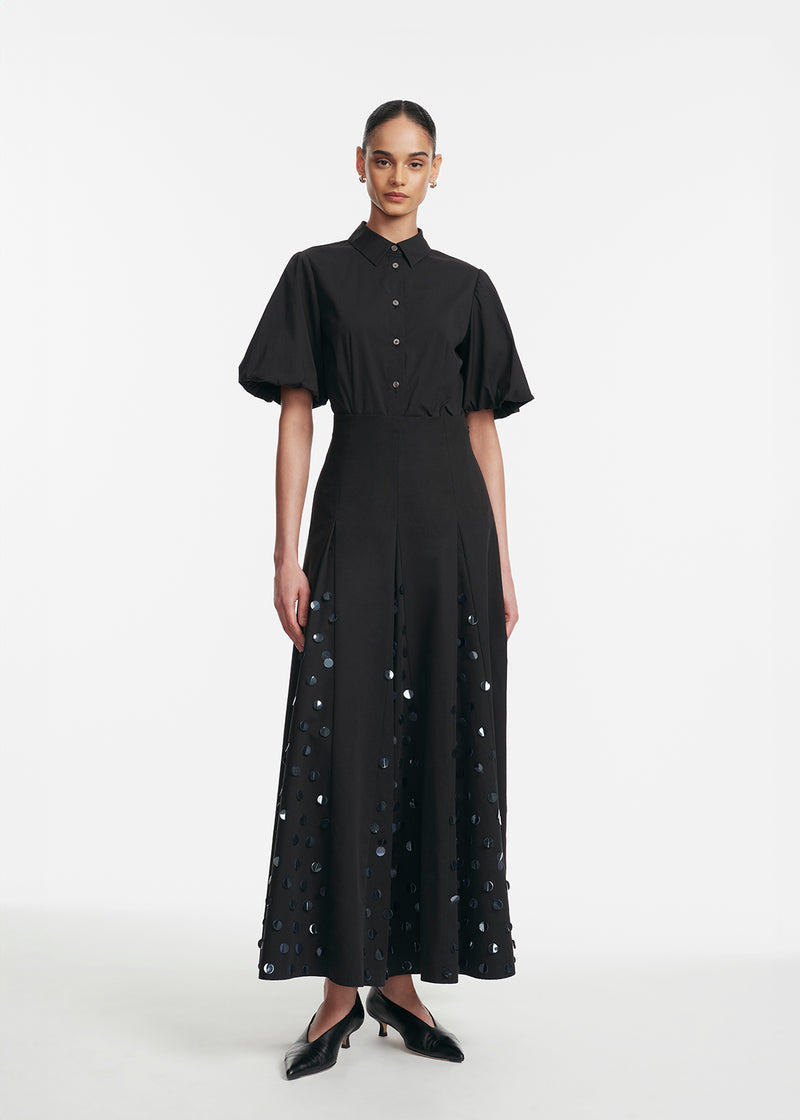 Paillette Embroidered Cotton Poplin Godet Skirt