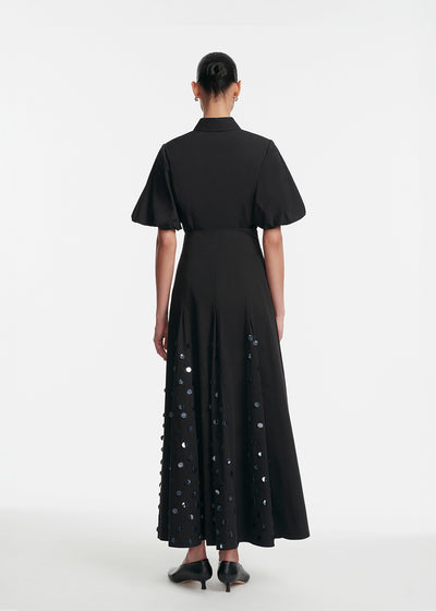 Paillette Embroidered Cotton Poplin Godet Skirt