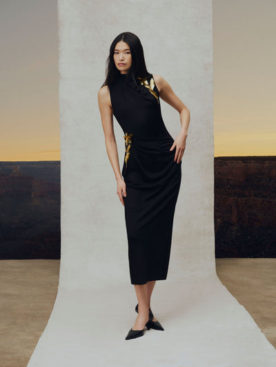3D Metallic Embroidered Satin Jersey Column Dress