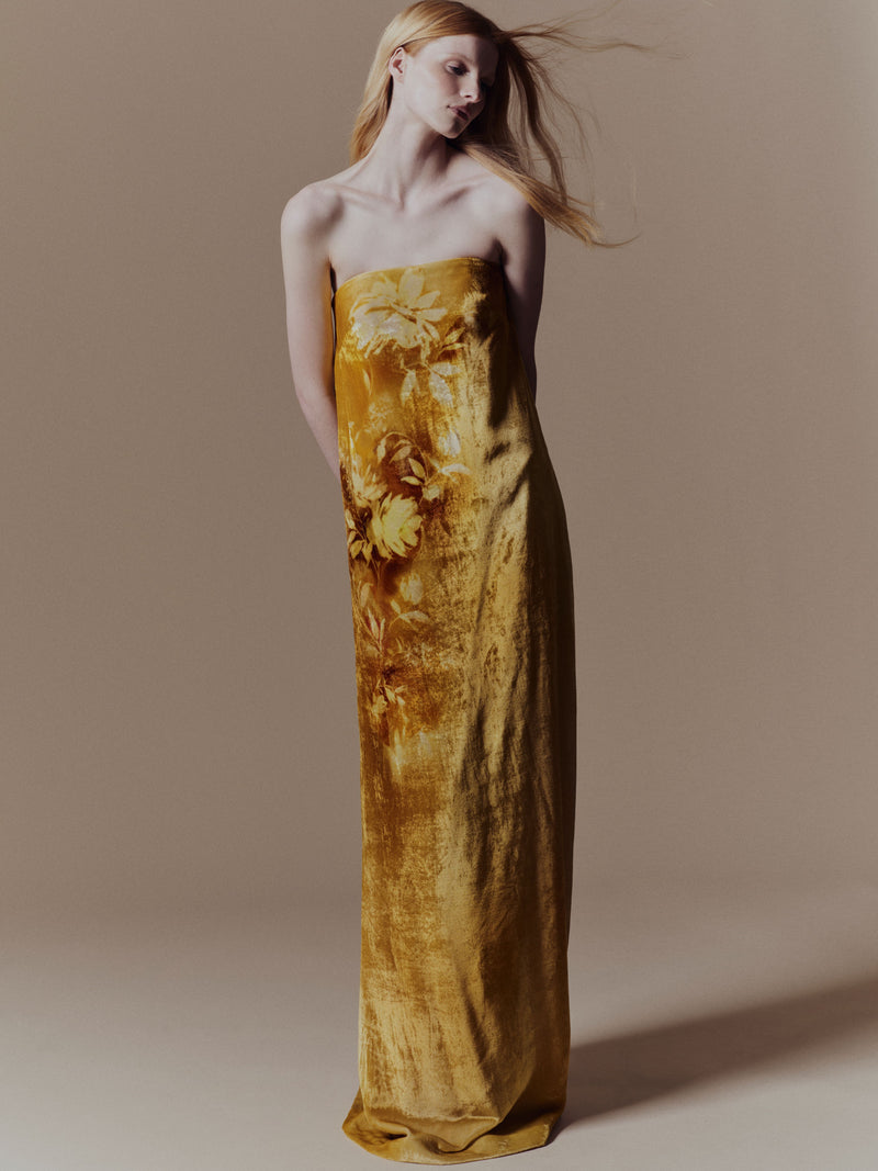 Floral Printed Velvet Strapless Gown