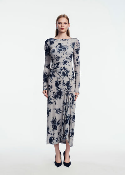 Floral Printed Jersey Draped Front Dress