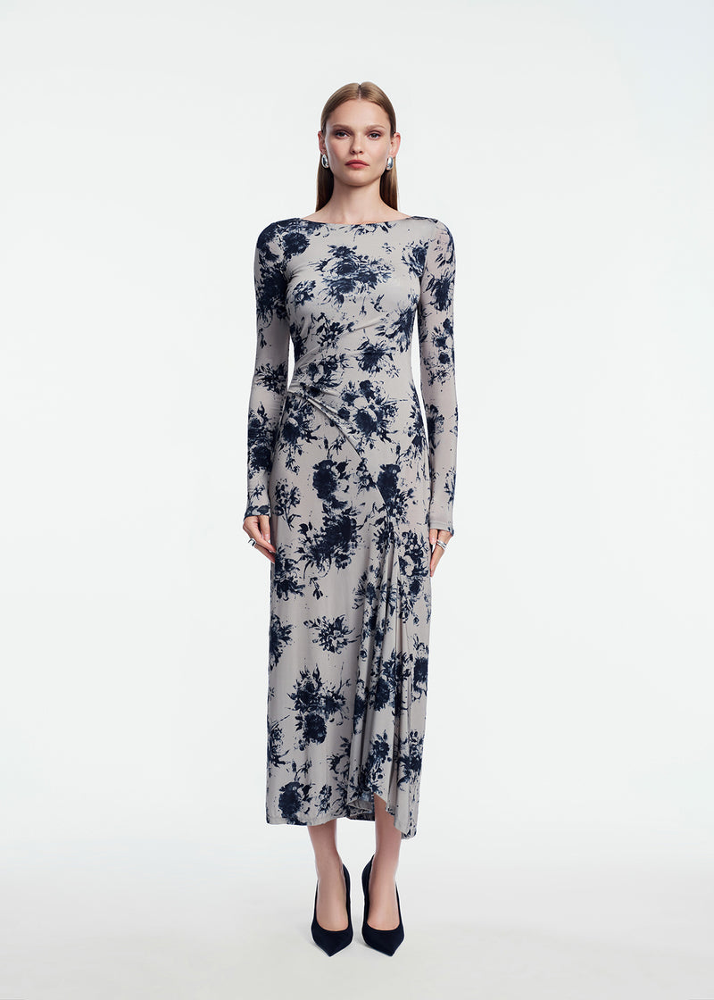 Floral Printed Jersey Draped Front Dress