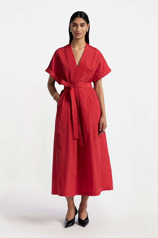 Taffeta Short Sleeve V-Neck A-Line Dress