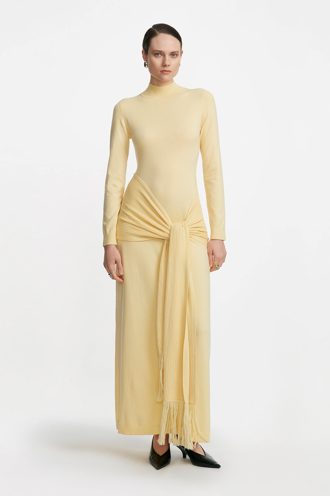 Merino Wool Knit Mock Neck Wrap Dress