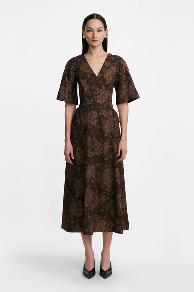 Floral Printed Denim Seamed Midi Dress