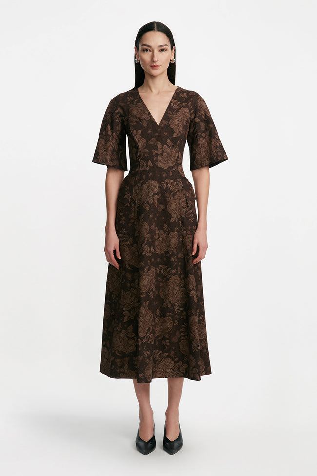 Floral Printed Denim Seamed Midi Dress