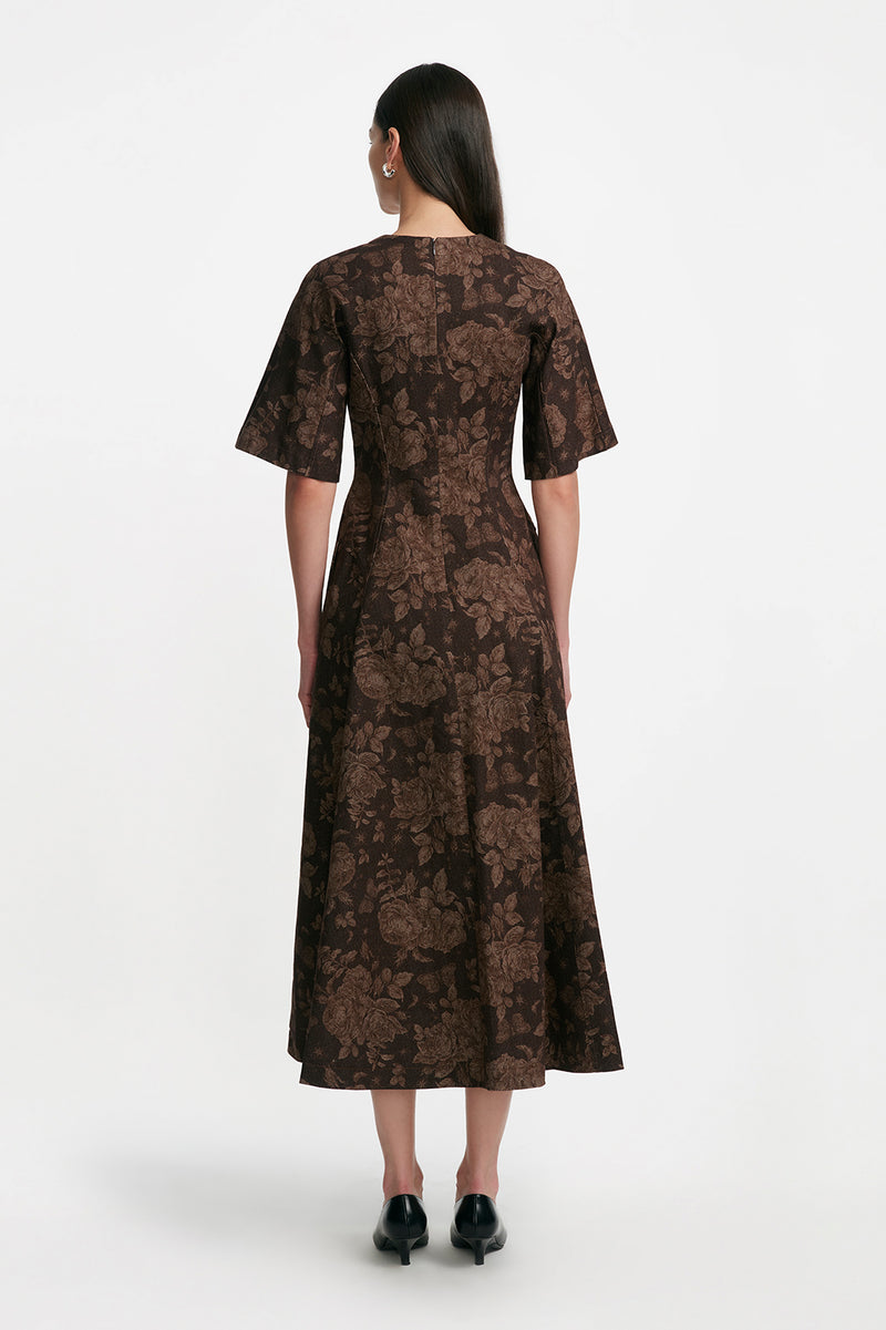 Floral Printed Denim Seamed Midi Dress