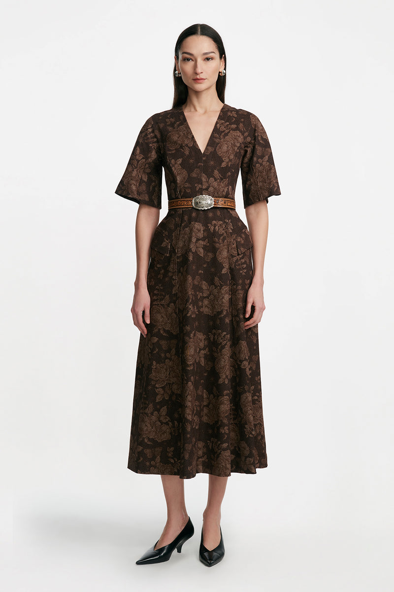 Floral Printed Denim Seamed Midi Dress