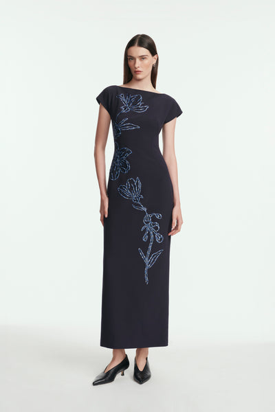 Ikat Floral Embroidered Fluid Crepe Dress
