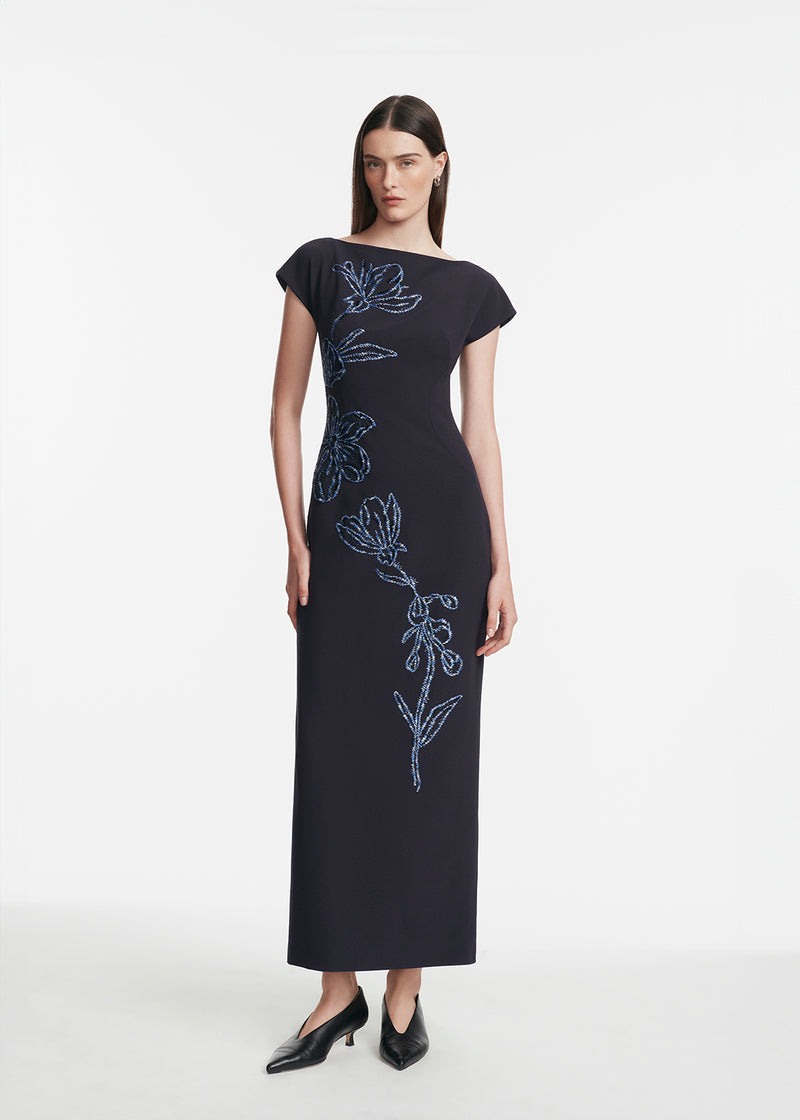 Ikat Floral Embroidered Fluid Crepe Dress