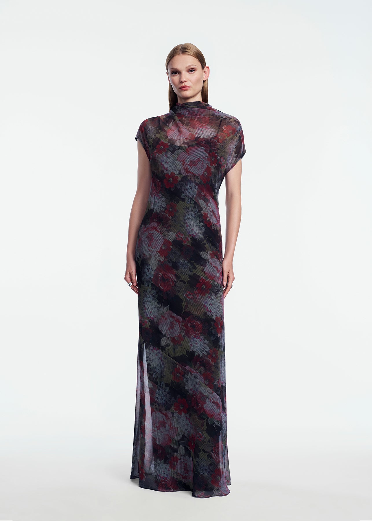 Floral Printed Chiffon Draped Gown