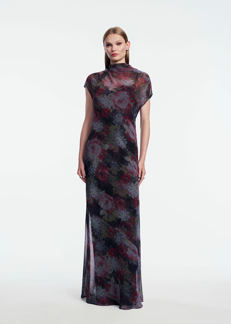 Floral Printed Chiffon Draped Gown