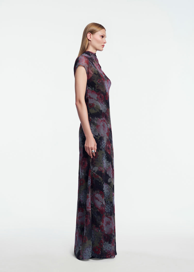 Floral Printed Chiffon Draped Gown