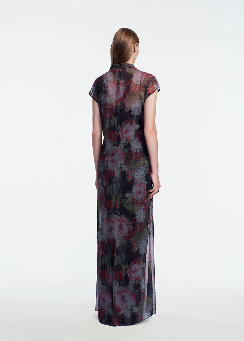 Floral Printed Chiffon Draped Gown