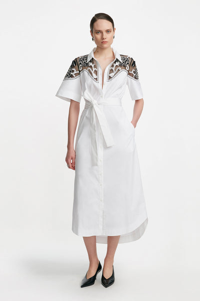 Abstract Floral Embroidery Belted Shirt Dress