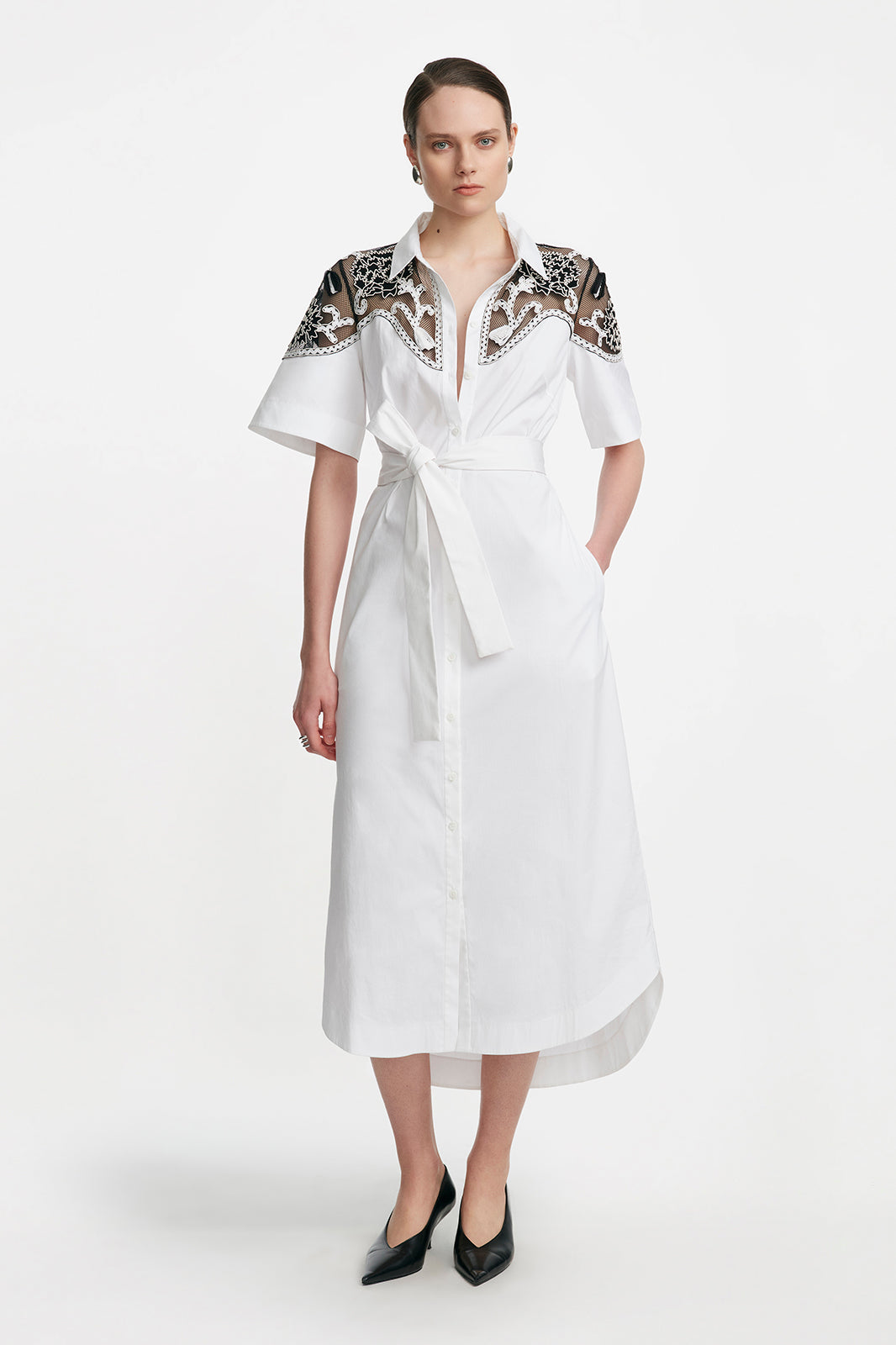 Abstract Floral Embroidery Belted Shirt Dress