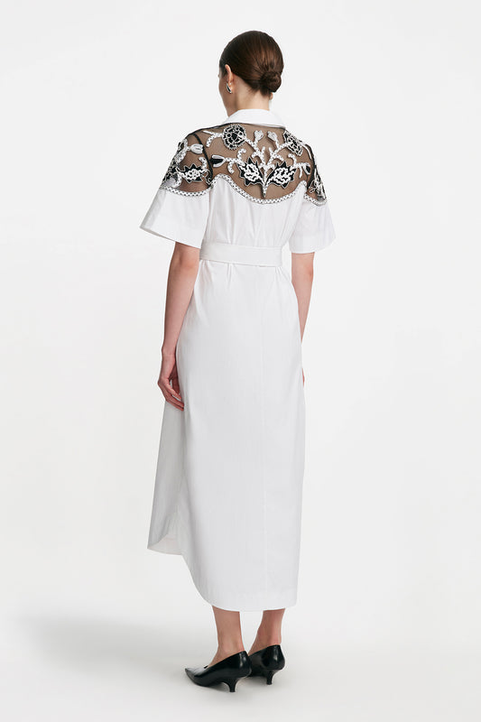 Abstract Floral Embroidery Belted Shirt Dress