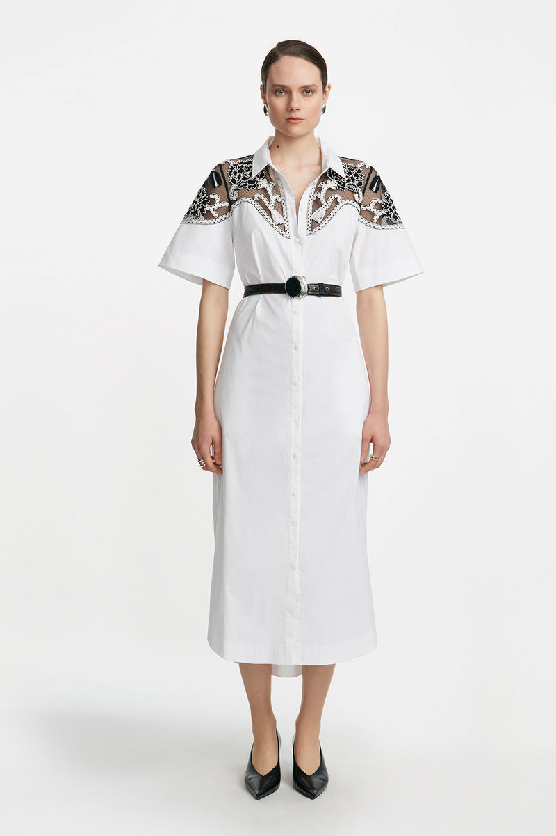 Abstract Floral Embroidery Belted Shirt Dress