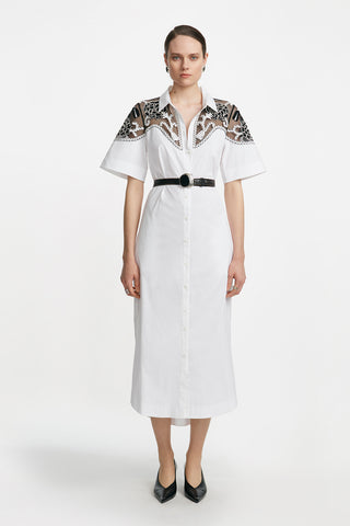 Abstract Floral Embroidery Belted Shirt Dress
