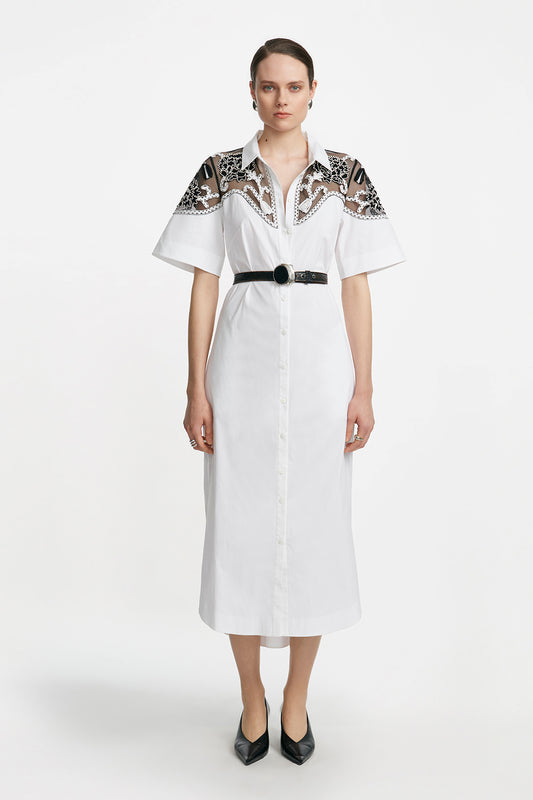 Abstract Floral Embroidery Belted Shirt Dress