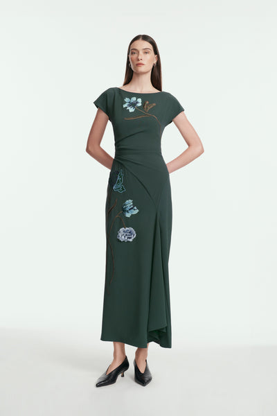 Floral Cord Embroidered Fluid Crepe Cascade Dress