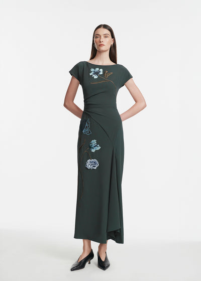 Floral Cord Embroidered Fluid Crepe Cascade Dress