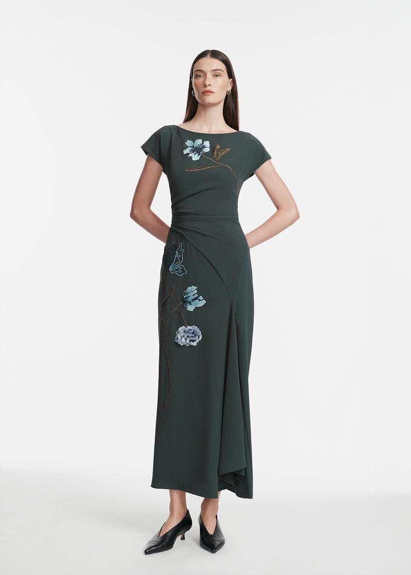 Floral Cord Embroidered Fluid Crepe Cascade Dress