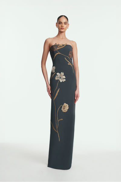 Floral Cord Embroidered Fluid Crepe Strapless Gown