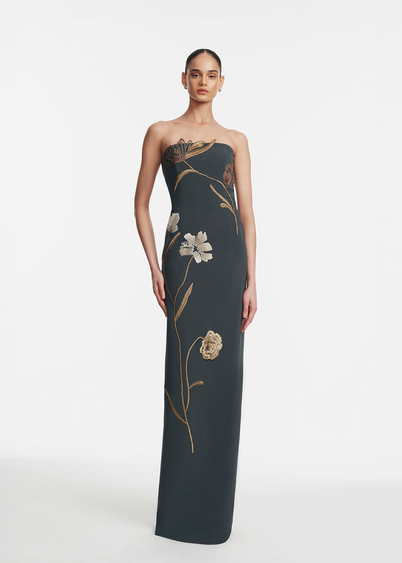 Floral Cord Embroidered Fluid Crepe Strapless Gown