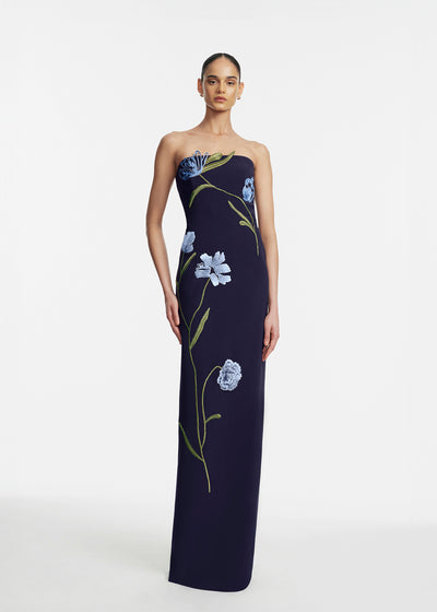 Floral Cord Embroidered Fluid Crepe Strapless Gown