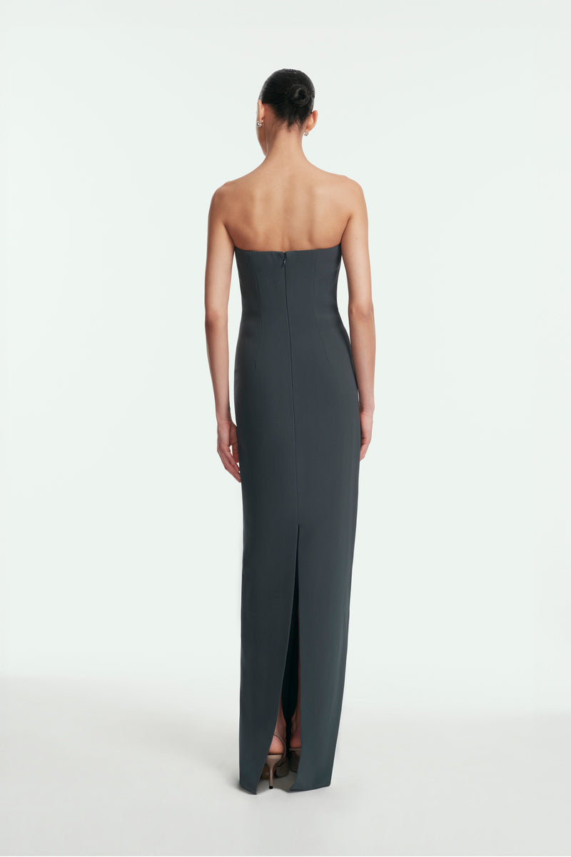 Floral Cord Embroidered Fluid Crepe Strapless Gown