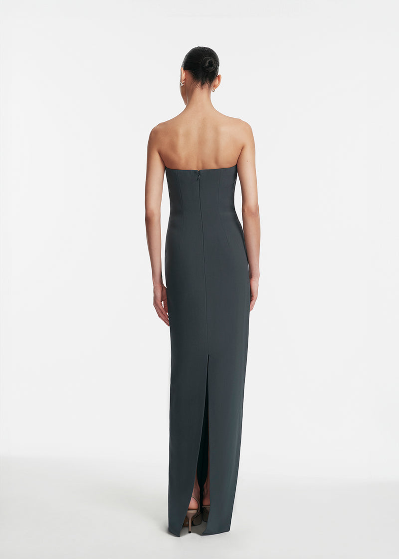 Floral Cord Embroidered Fluid Crepe Strapless Gown