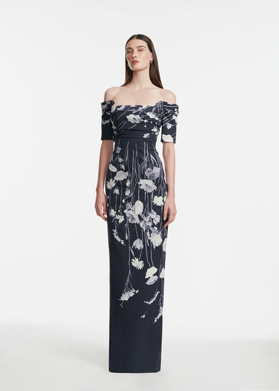 Floral Faille Cuff Sleeve Gown
