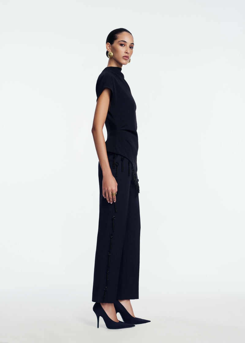 Tassel Embroidered Fluid Crepe Top