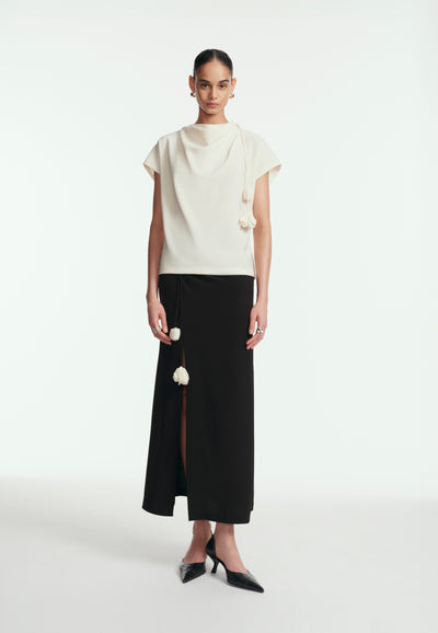 Fluid Crepe Drop Flower Cowl Neck Top
