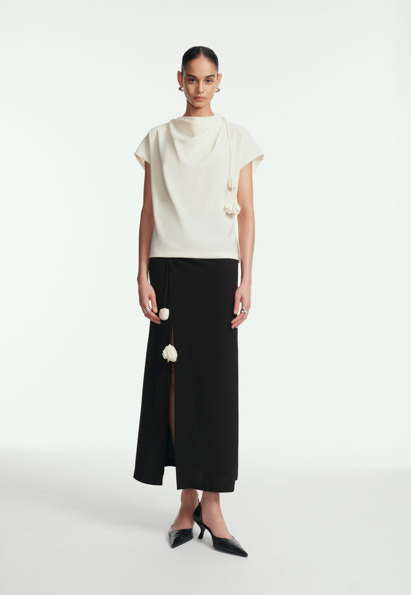 Fluid Crepe Drop Flower Cowl Neck Top
