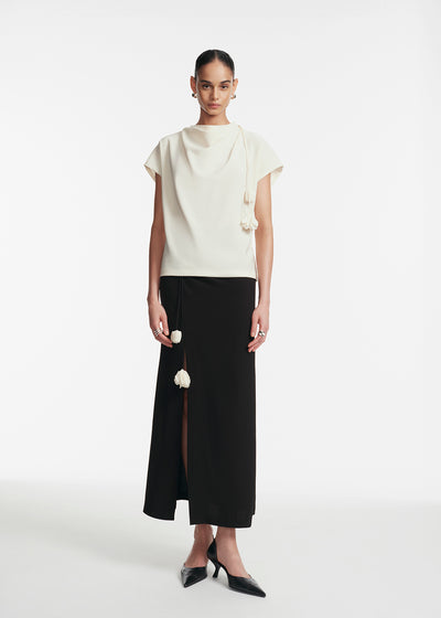 Fluid Crepe Drop Flower Cowl Neck Top