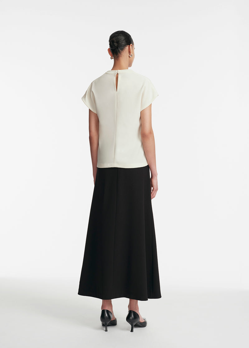 Fluid Crepe Drop Flower Cowl Neck Top