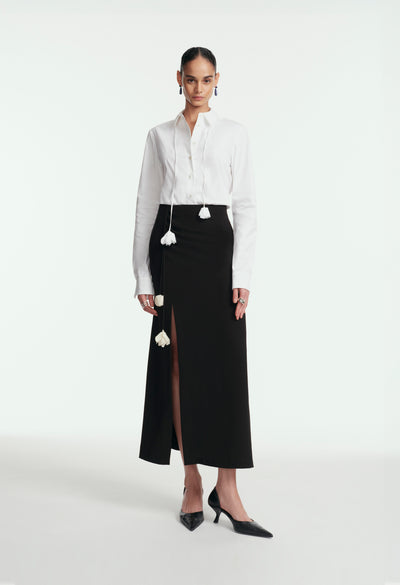 Fluid Crepe Drop Flower Ruched Skirt
