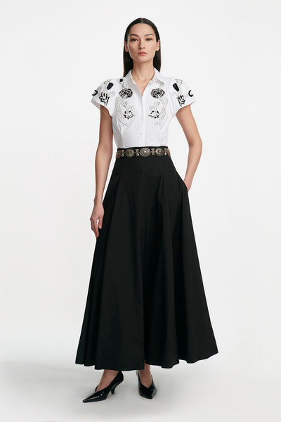 Abstract Floral Embroidery Seamed Short Sleeve Shirt