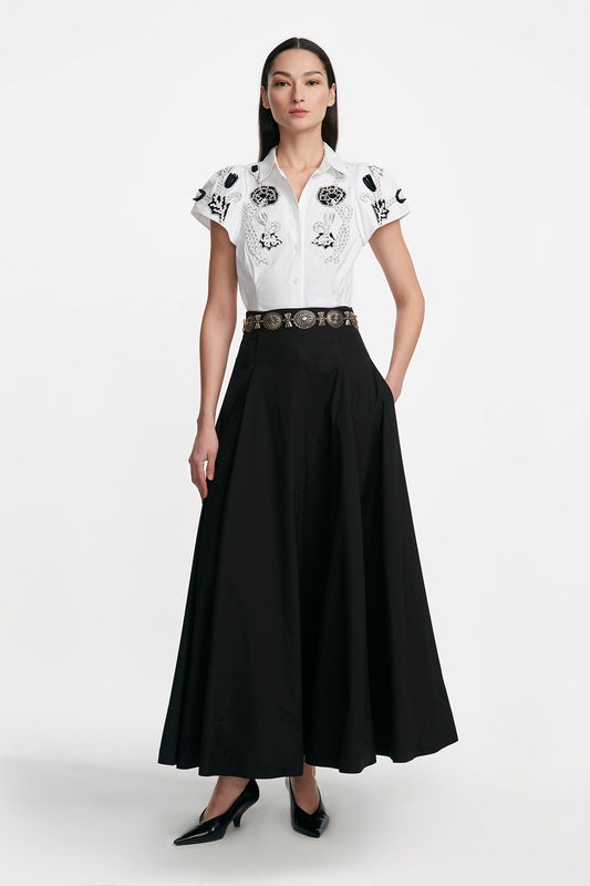 Abstract Floral Embroidery Seamed Short Sleeve Shirt