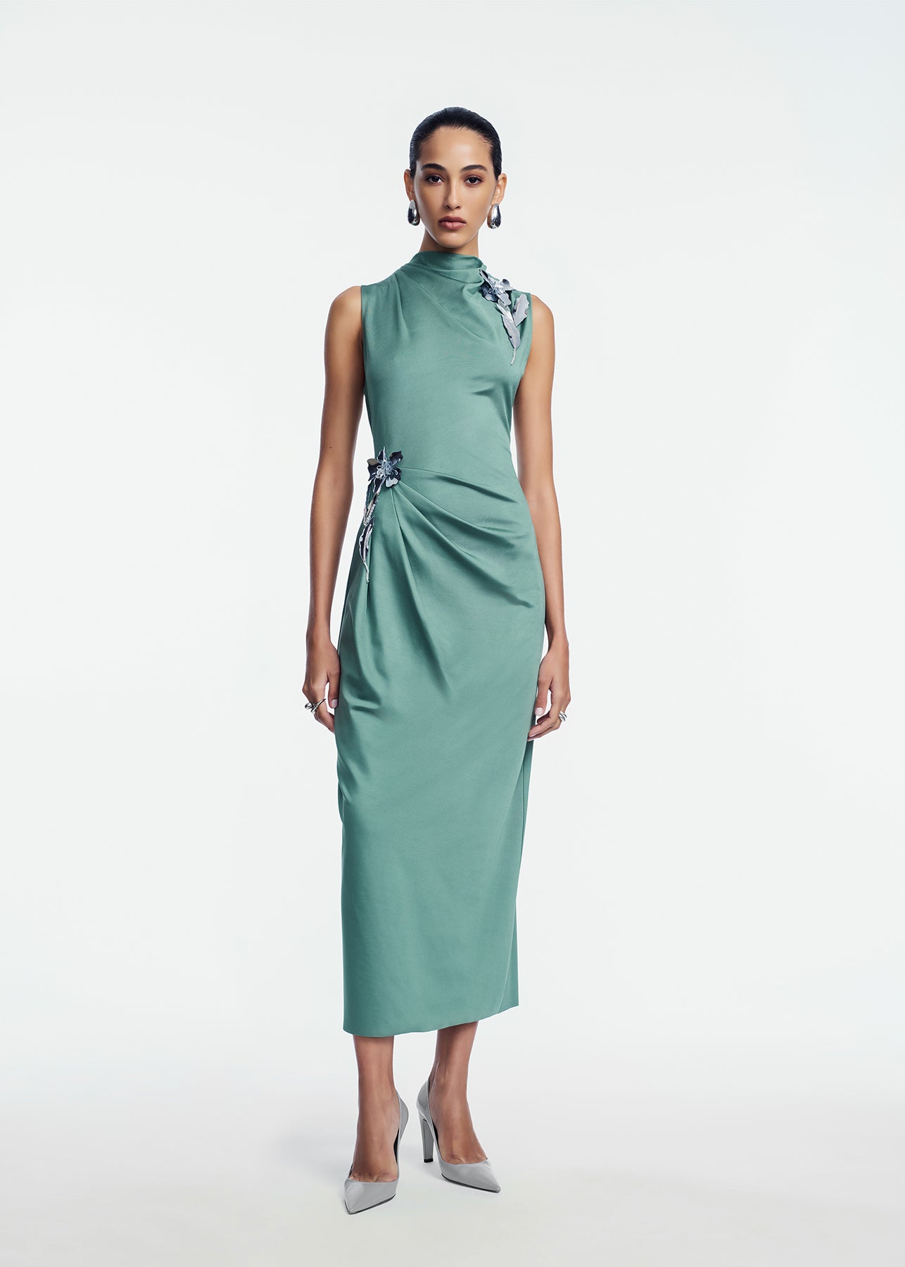 3D Metallic Embroidered Satin Jersey Column Dress