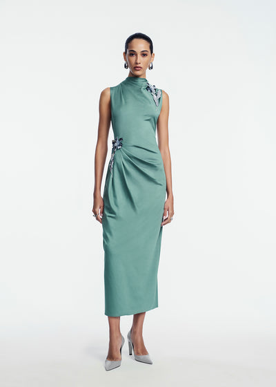 3D Metallic Embroidered Satin Jersey Column Dress