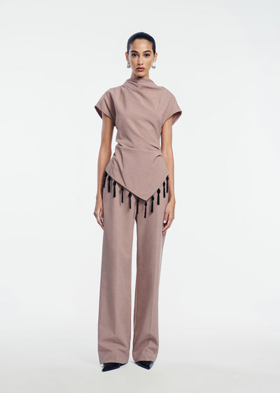Melange Crepe Tassel Embroidered Top