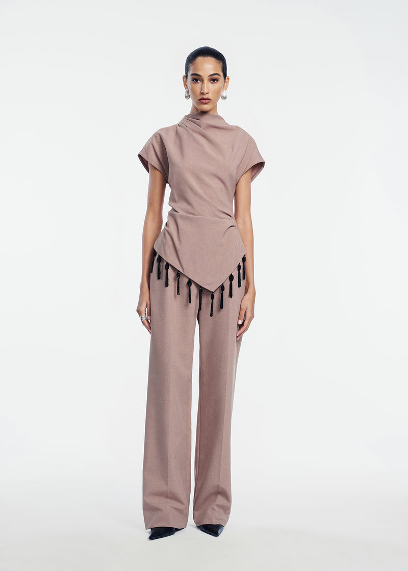 Melange Crepe Tassel Embroidered Top