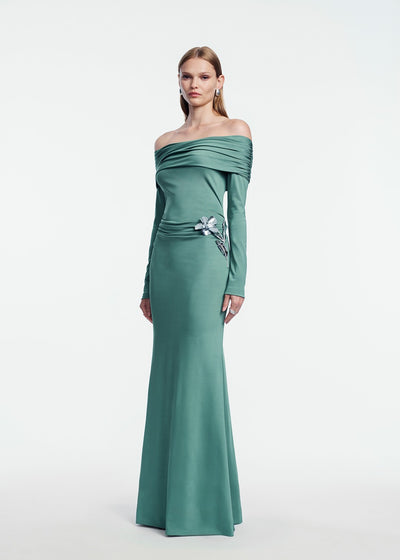 3D Metallic Embroidered Satin Jersey Draped Gown