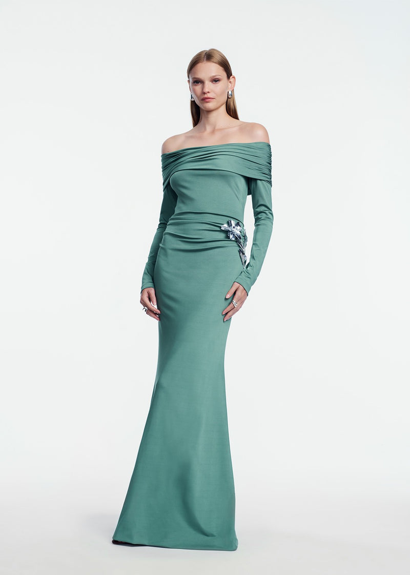 3D Metallic Embroidered Satin Jersey Draped Gown