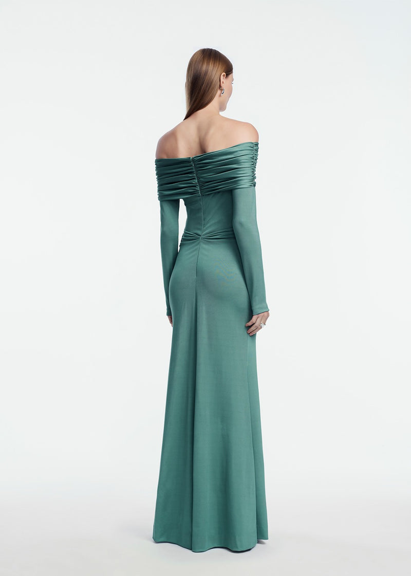 3D Metallic Embroidered Satin Jersey Draped Gown